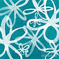 Waterflowers- teal and white Painting by Linda Woods Waterflowers- teal and white Painting by Linda Woods