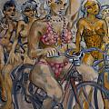 Painted ladies on the naked bike ride take a break in view of the London Eye Painting by Peregrine Roskilly Painted ladies on the naked bike ride take a break in view of the London Eye Painting by Peregrine Roskilly