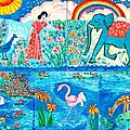 Woman and Blue Elephant beside the Lake by Sushila Burgess Woman and Blue Elephant beside the Lake by Sushila Burgess