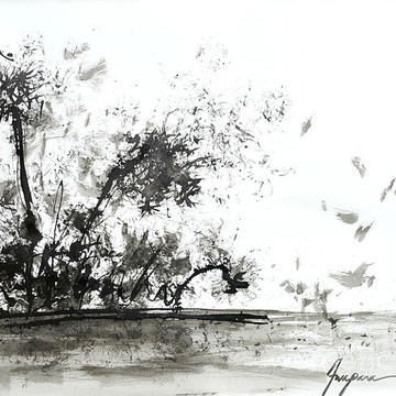 ABSTRACT, MODERN LANDSCAPE #01- Black and white landscape, ink on paper  drawing and painting serie Drawing by NYWA ART PROJECT