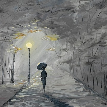 Michael Tolleson Robles Women Walking W Umbrellas in Rain Oil