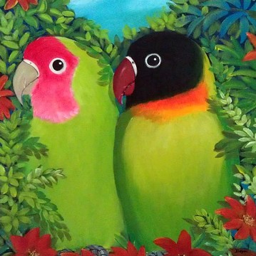 Parakeets painting and big cats