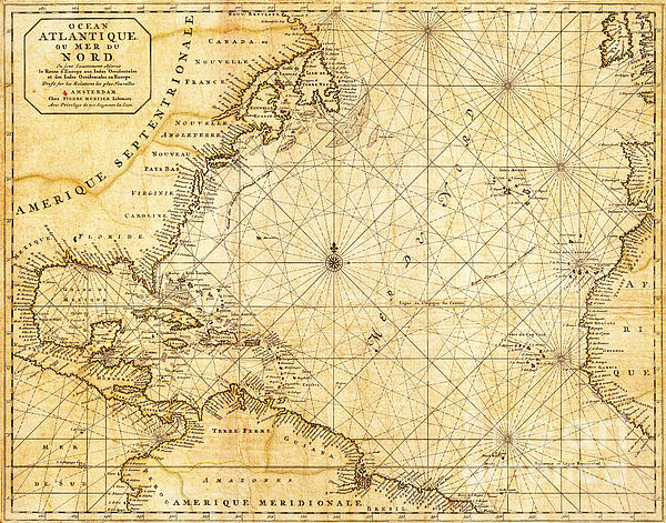 Atlantic Ocean Caribbean Sea Vintage Maritime Map by ELITE IMAGE ...