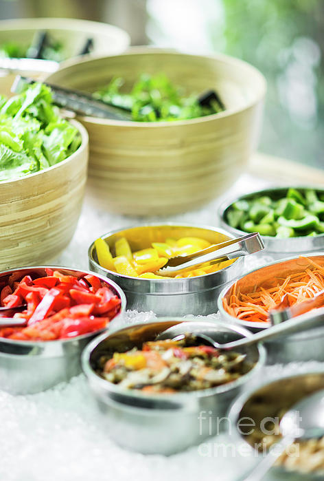 Bowls Of Mixed Fresh Organic Vegetables In Salad Bar Display Zip