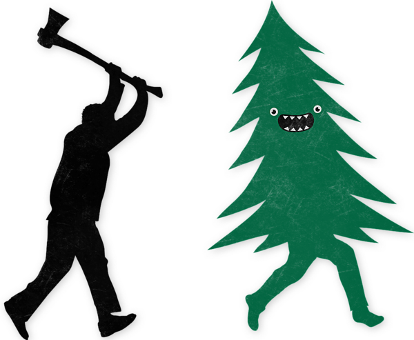Funny Cartoon Christmas tree is chased by Lumberjack Run Forrest Run #1  Sticker by Philipp Rietz - Pixels