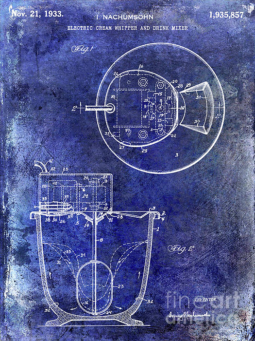 1933 Electric Cream Whipper Patent Blueprint Metal Print by Jon