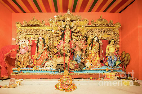 Interior of decorated Durga Puja pandal, at Kolkata, West Bengal, India.  Greeting Card by Rudra Narayan Mitra