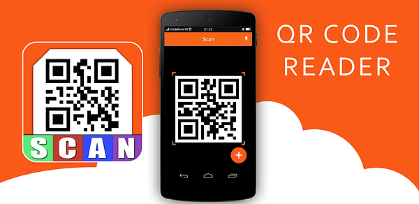 orange mobile phone or smartphone with barcode, qr code scanning