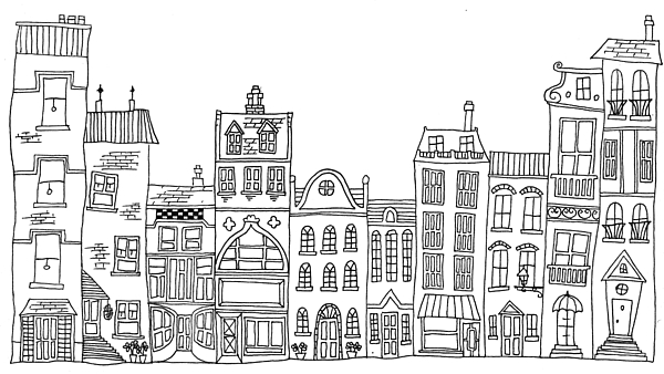 Hand drawn line drawings of various whimsical houses shops and b ...