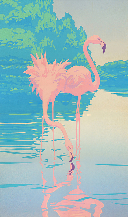 abstract Pink Flamingos retro pop art nouveau tropical bird 80s 1980s ...