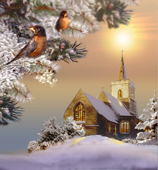 Winter scene with robins and church Throw Pillow for Sale by Regina Femrite