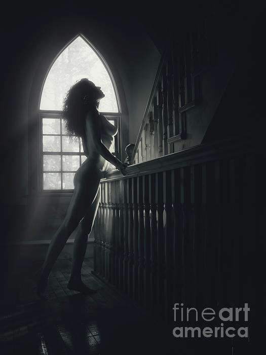 Beautiful naked woman profile sunlit silhouette on staircase ...
