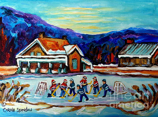 Carole Spandau - Canadian Painting Pond Hockey Art Cozy Country Cabins Scenes Winter Landscape C Spandau Quebec Art  
