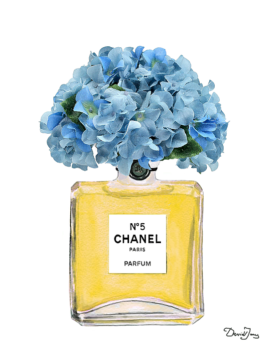 Chanel Perfume Nr 5 With Blue Hydragenias Beach Sheet For Sale By Del Art