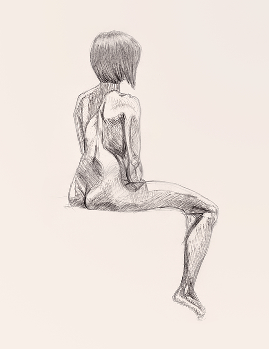 Charcoal Pencil Drawing Of Nude Woman Seated With Short Hair