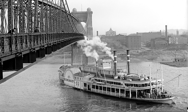 Padre Art - Cincinnati Suspension Bridge and Steamboat 1906 BW