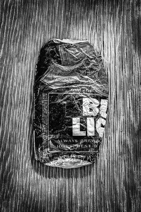 Crushed Blue Beer Can On Plywood 78 In Bw Photograph