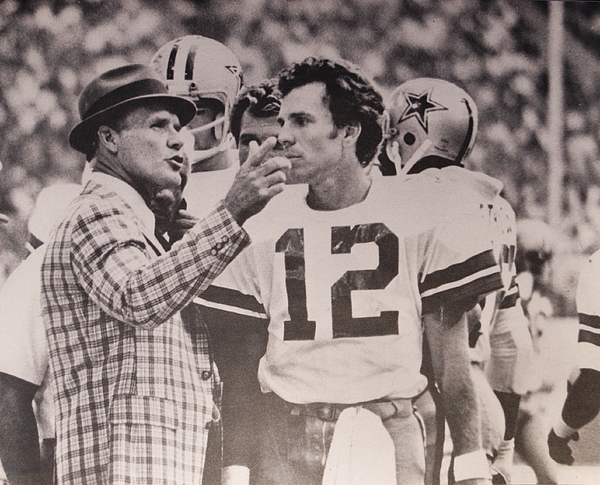 Dallas Cowboys Head Coach Tom Landry and #12 Quarterback Roger Staubach T- Shirt by Donna Wilson - Pixels