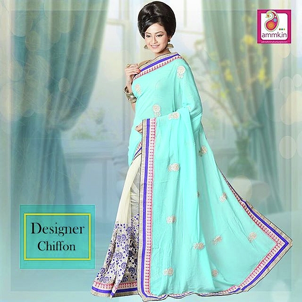 Vishal Prints Pastel Teal Green Designer Chiffon Saree With Embroidery