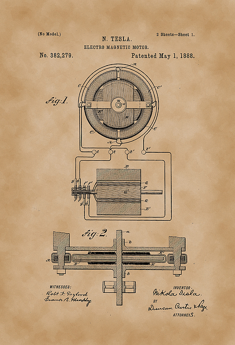 Electro Magnetic Motor - Nikola Tesla Patent Drawing From 1888 ...