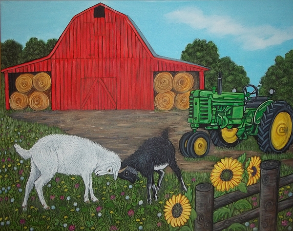 Farm Scene With Red Barn Goats Old Tractor Greeting Card For