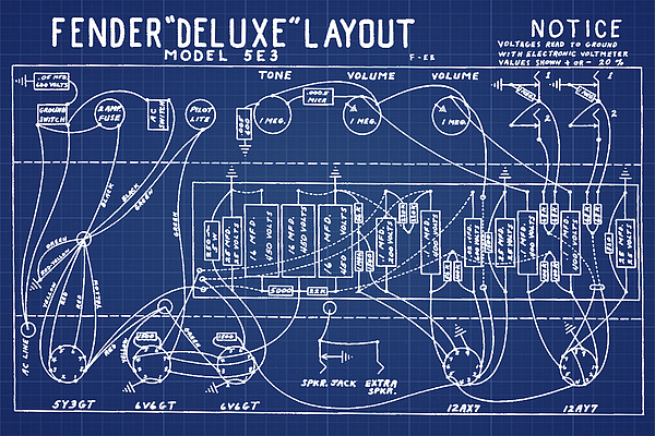 Fender Deluxe Layout Model 5E3 in Blue Print Greeting Card by Bill