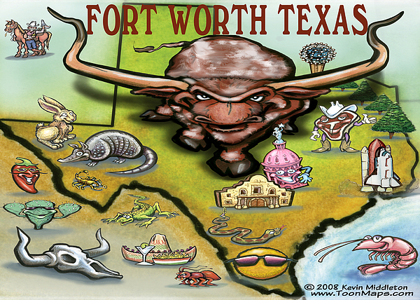 Fort Worth Texas Cartoon Map Greeting Card