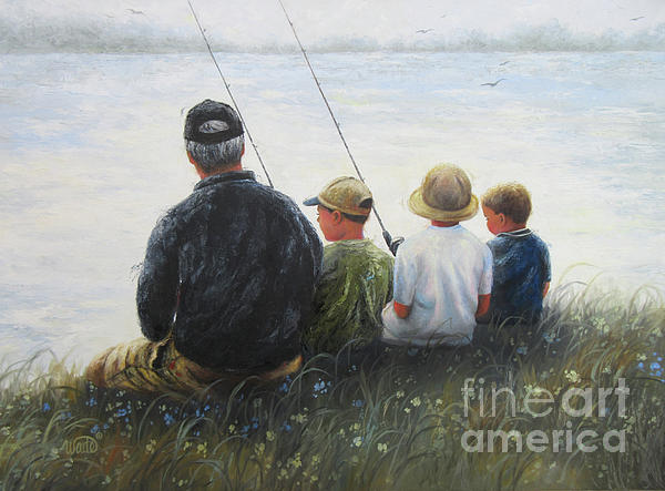 Grandpa and Three Boys Fishing Tapestry by Vickie Wade - Vickie Wade -  Website