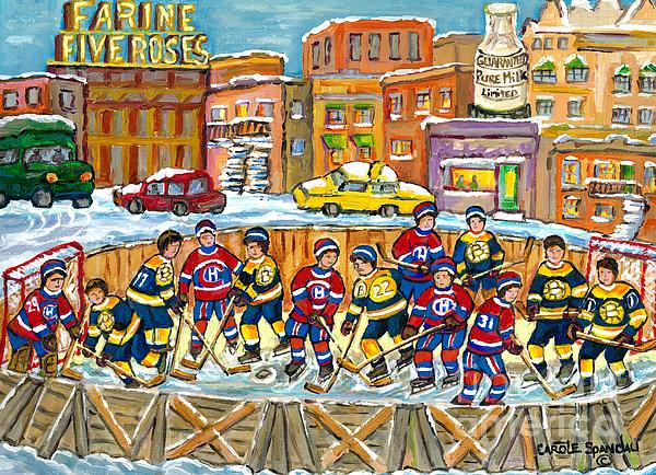 Carole Spandau - Hockey Rink Painting Boston Vs Montreal 1979 Cityscene Five Roses And Milk Bottle Skyline C Spandau