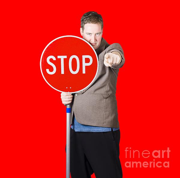 Isolated Man Holding Red Traffic Stop Sign Photograph