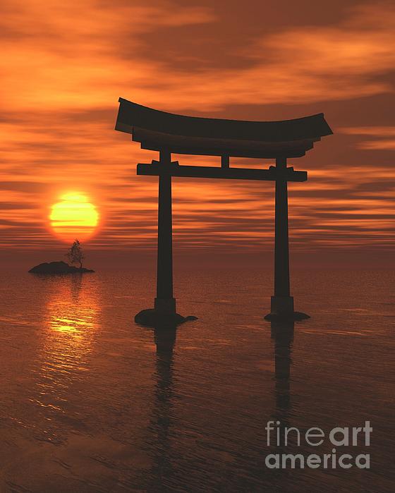 Japanese Floating Torii Gate at a Shinto Shrine, Sunset Greeting Card ...