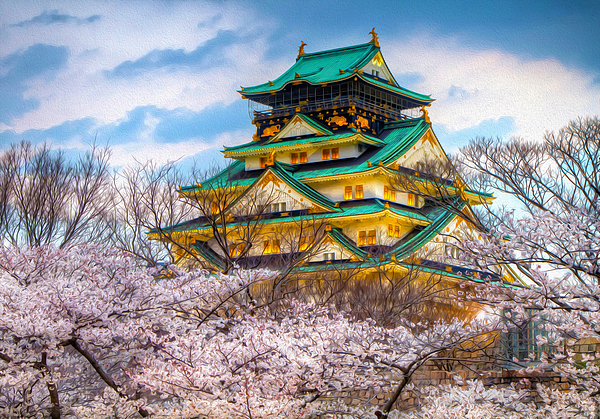 Japanese Garden Pagoda And Sakura In Osaka, Japan T-Shirt by