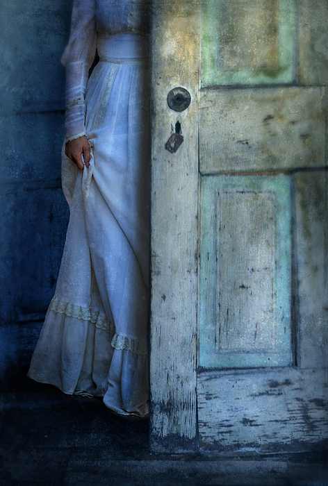 Jill Battaglia - Lady in Vintage Clothing Hiding Behind Old Door