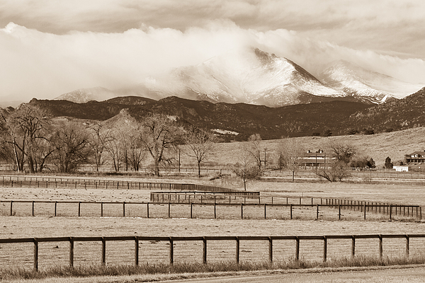 Longs Peak - Storm And Fences - Sepia Image Photograph