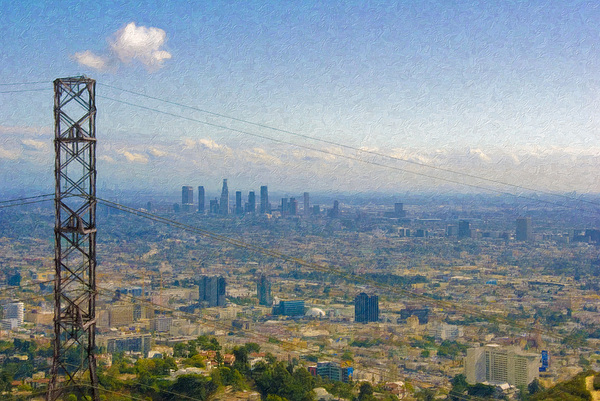 Los Angeles Skyline Between Power Lines Photograph