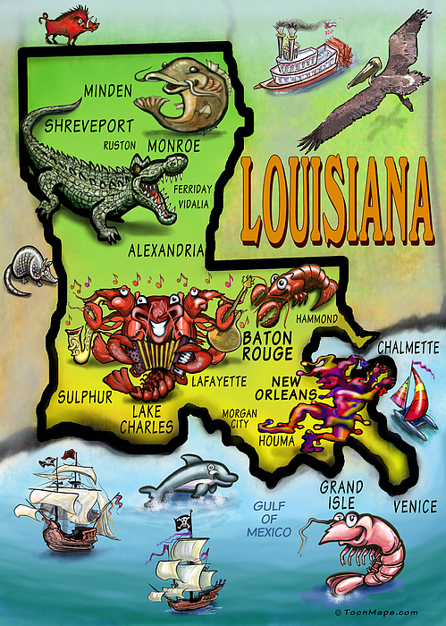 Louisiana Cartoon Map Women's T-Shirt by Kevin Middleton - Pixels