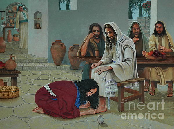 Mary anoints the feet of Jesus Greeting Card by Michael Nowak