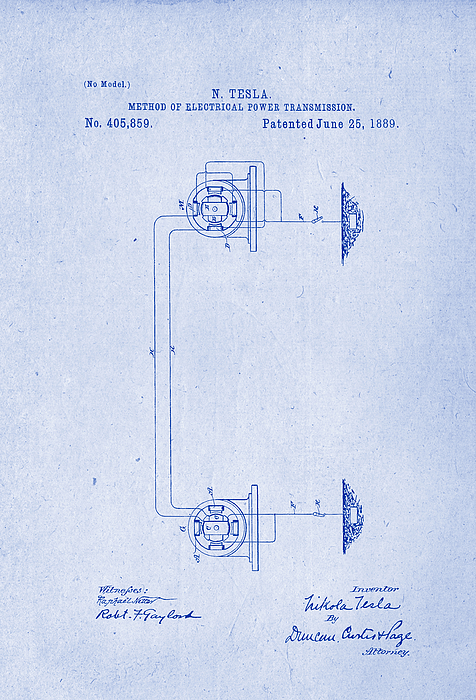 Method Of Electrical Transmissions Nikola Tesla Patent Drawing From 1889 Blueprint Inverse 7856