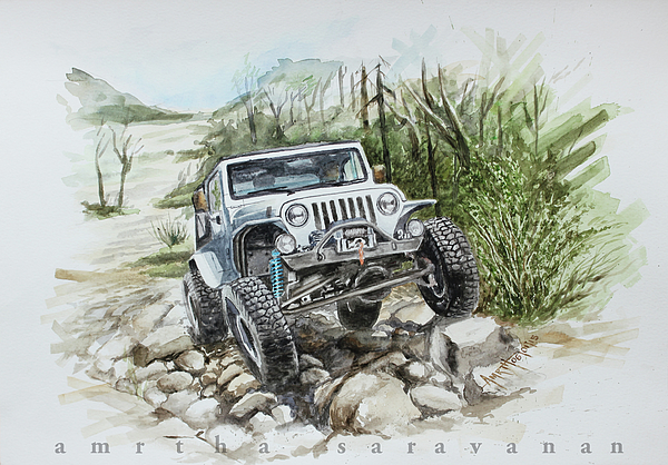 Off-road vehicle on mountain road. Ink black and white drawing Stock Photo  - Alamy