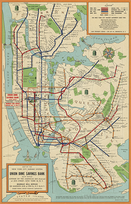 Blue Monocle - Old New York City Subway Map by Stephen Voorhies - 1954