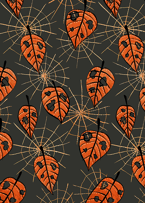 Orange Leaves With Holes And Spiderwebs Drawing