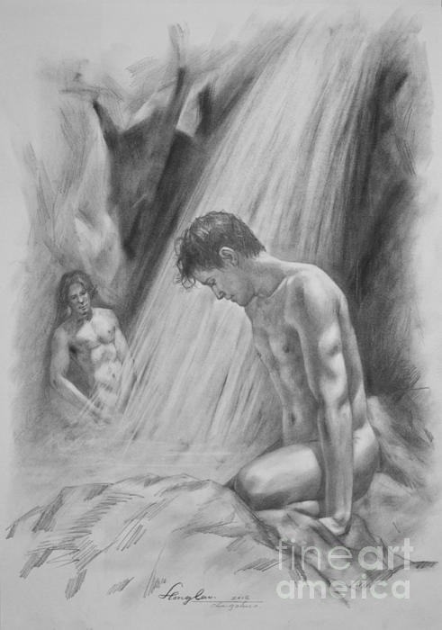 Original Charcoal Drawing Art Male Nude By Twaterfall On Paper #16-3-11-16  Kids T-Shirt by Hongtao Huang | Pixels