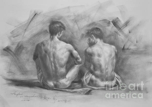 Hongtao Huang - Original Drawing Sketch Charcoal Male Nude Gay Interest Man Body Art Pencil On Paper -0053