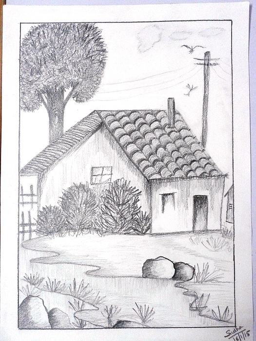 Pencil Sketch Of A Rural Landscape By  Drawing Fine Art for Sell