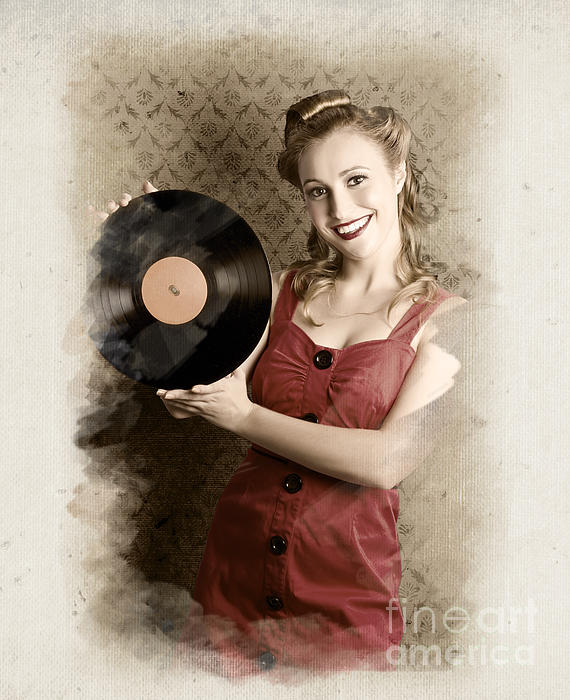 Pin-up music girl holding vinyl record LP Tote Bag by Jorgo