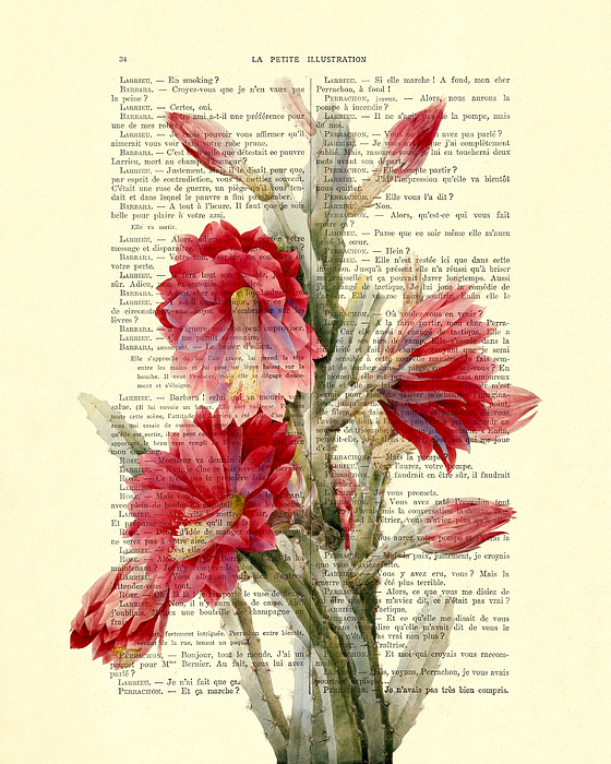 Cactus With Pink Red Flowers Vintage Book Page Collage Tapestry by