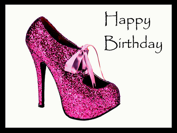 Pink glitter birthday shoe Greeting Card by Maralaina Holliday