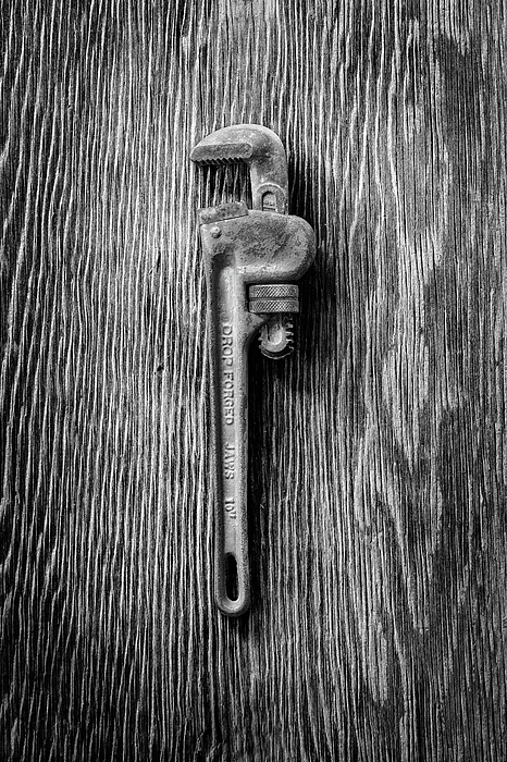 Pipe Wrench On Plywood 62 In Bw Photograph