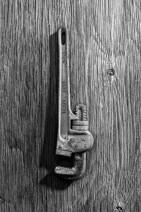 Pipe Wrench Upside Down On Plywood 70 In Bw Photograph