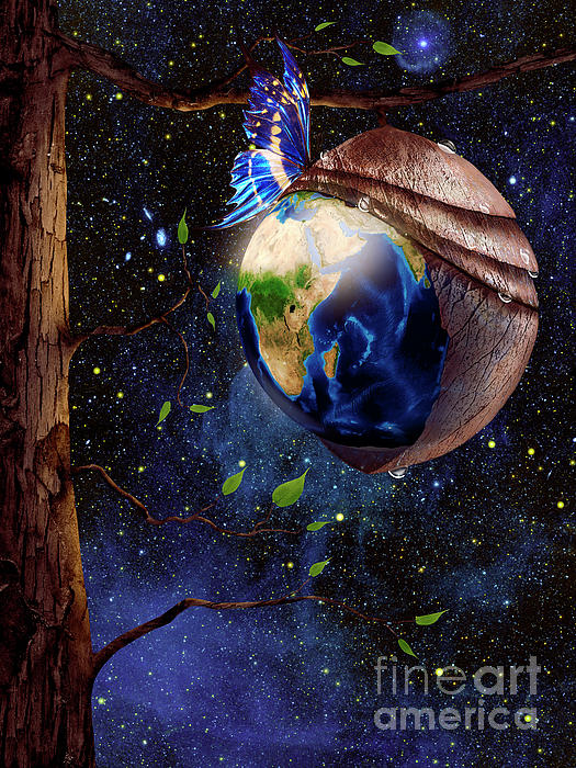 Planet Earth reborn from butterfly cocoon in cosmos artistic con T